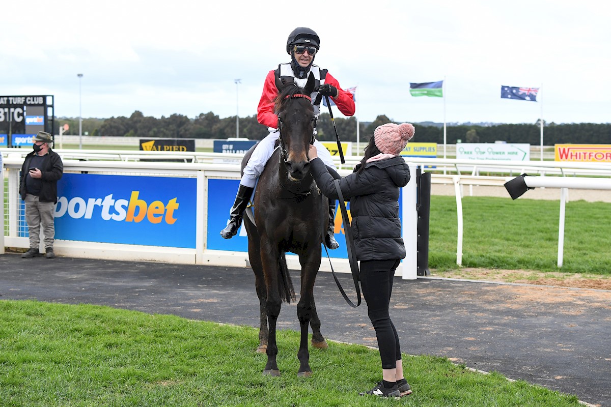 Emerald Crown ridden by Michael Rodd returns to the mounting yard after winning the Milk That Tastes Like Real Milk BM58 Handicap at Sportsbet-Ballarat Racecourse on October 09, 2020 in Ballarat, Australia. (Pat Scala/Racing Photos)