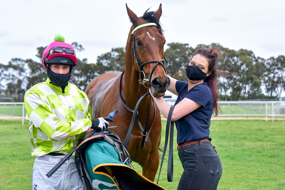 Neil Farley and Pure Exceleration after winning the Rushton Park Thoroughbreds 0 - 58 Handicap at Tatura Racecourse on September 19, 2020 in Tatura, Australia. (Brendan McCarthy/Racing Photos)